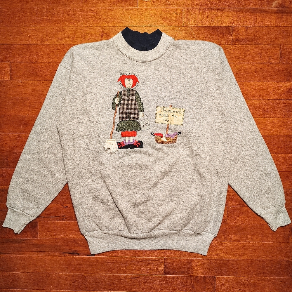 Vtg 90s Logotel For Her Sweatshirt Housework Makes You Ugly Grey - Women's L